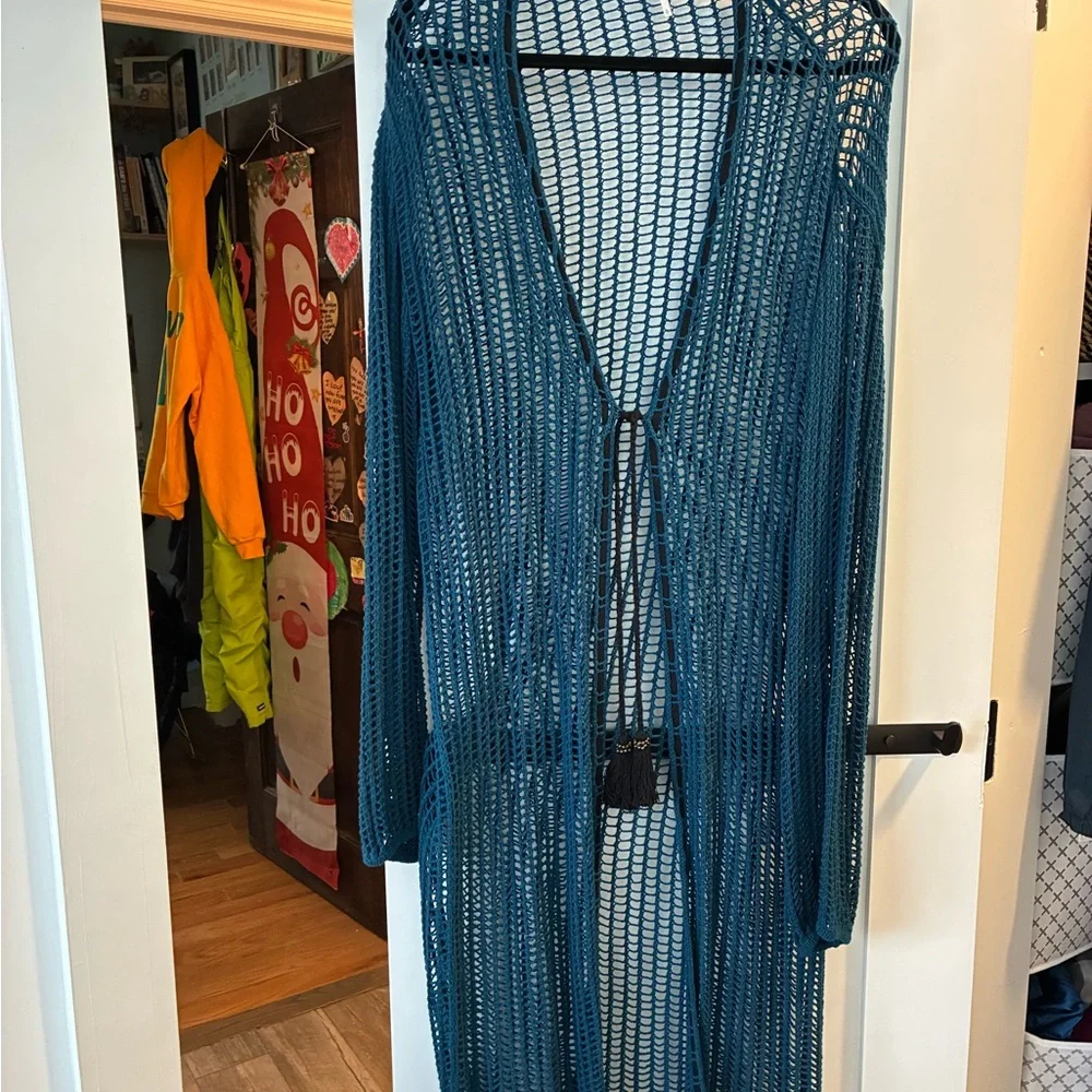 Free People Teal Open knit Cardigan with tassel tie - Picture 2 of 5